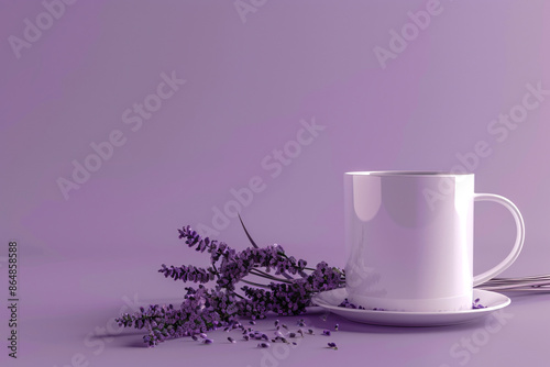 a cup and saucer with purple flowers