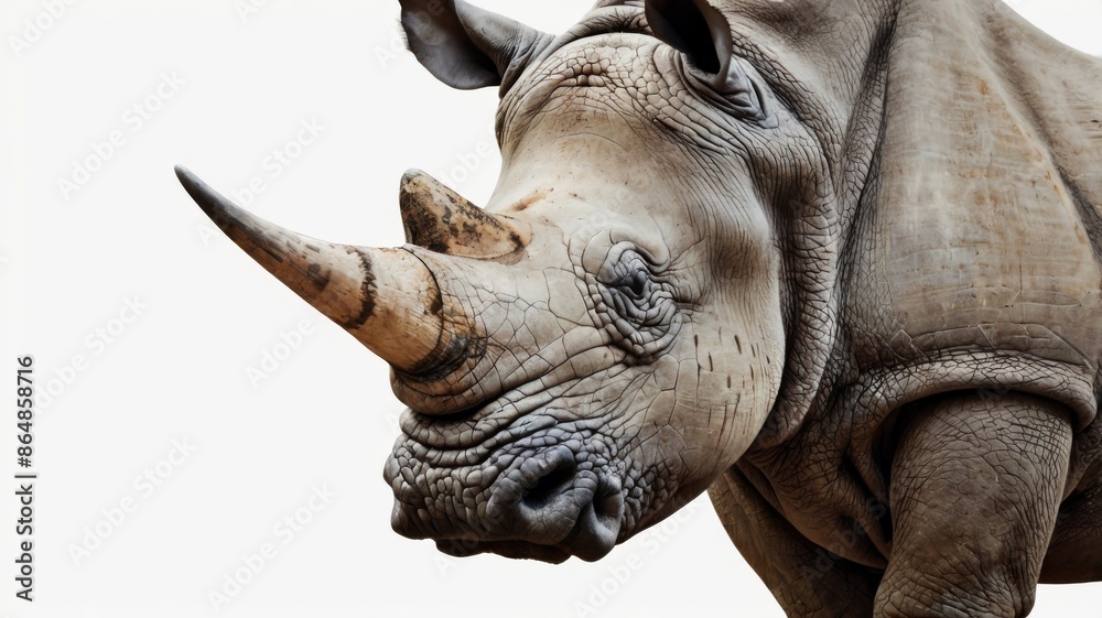 A realistic photo of a rhinoceros isolated on a white backdrop, focusing on its distinctive horns and rugged texture A realistic photo of a rhinoceros isolated on a white backdrop, focusing on its distinctive horns and rugged texture