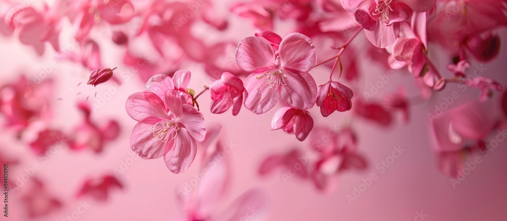 Levitating spring pink flowers on a soft pink backdrop in a high-resolution photo. Levitating spring pink flowers on a soft pink backdrop in a high-resolution photo.