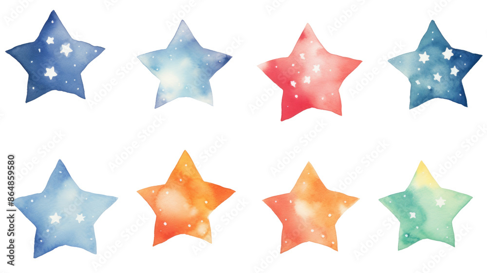 Fototapeta premium Colorful watercolor star shapes with various patterns and hues. Perfect for creative designs, crafts, and digital projects in isolated on transparent background