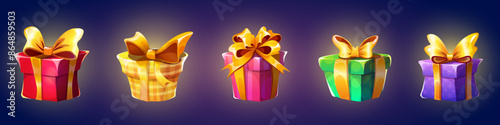 Cartoon game ui closed wrapped gift boxes with ribbon, bow and magic neon glow effect. Vector illustration set of present packages for birthday and Christmas or winner congratulation. Surprise pack.