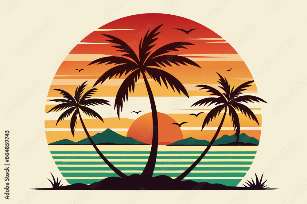 Fototapeta premium Vintage Beach with palms tree and sunset, vector summer T-Shirt Design