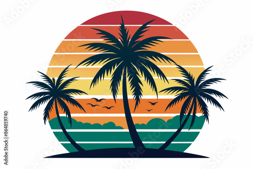 Wallpaper Mural Vintage Beach with palms tree and sunset, vector summer T-Shirt Design Torontodigital.ca