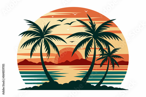 Wallpaper Mural Vintage Beach with palms tree and sunset, vector summer T-Shirt Design Torontodigital.ca