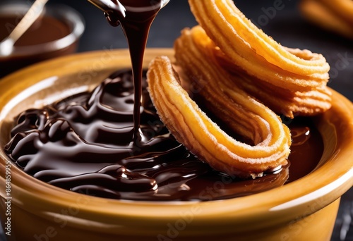 delicious churros dipped rich chocolate sweet dessert treat, sauce, fried, pastry, sugary, confection, indulgent, snack, cinnamon, sugar, dough, gooey