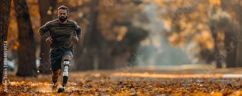 A man with a prosthetic leg jogging in a park filled with autumn leaves, showcasing resilience, nature, and the beauty of the fall season in an empowering scene.