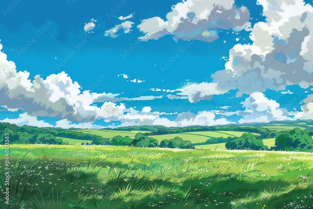 Fototapeta premium Beautiful green field with fluffy white clouds on a bright blue sky. Pastoral landscape painting of idyllic countryside scenery.