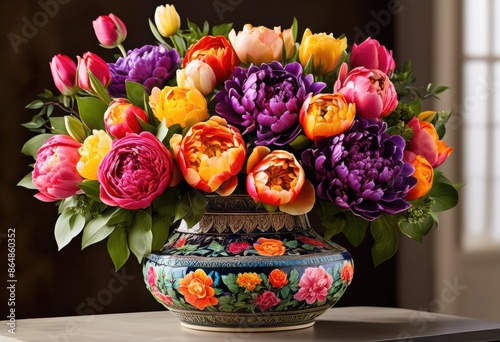 elegant handcrafted ceramic vase beautiful blooms arrangement, blossom, bouquet, floral, flower, petals, plant, flora, flowering, blooming, flowerage photo