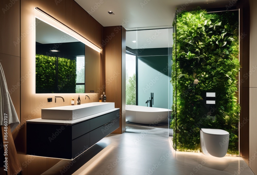 Fototapeta premium sleek modern bathroom floating vanity, contemporary, design, interior, clean, minimalist, elegant, stylish, luxury, white, tiled, spacious, mirror, light