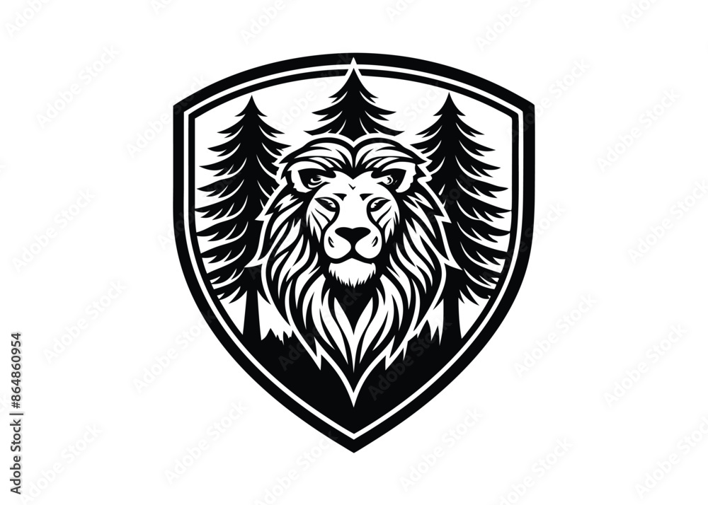 Obraz premium lion head with tree, sport mascot logo vector