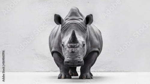 A realistic photo of a rhinoceros isolated on a white backdrop, focusing on its distinctive horns and rugged texture photo