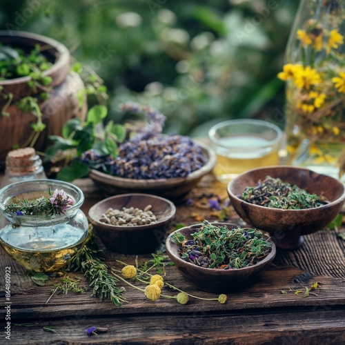 Herbal remedies: A collection of dried herbs, a mortar and pestle, Tea and Infusion, herbal natural and healthy beverage, Flat Lay of Herbal Garden Essentials with Empty Space in the Mid Herbs concept