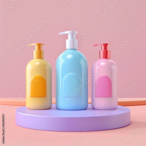 Colorful lotion bottles with pump dispensers on a pastel round podium in a minimalistic setting. Ideal for skincare and beauty product concepts.