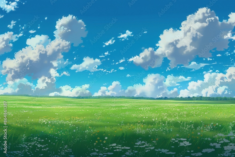 Fototapeta premium Beautiful blue sky with fluffy white clouds over a vast green meadow. Perfect for background or screen saver.