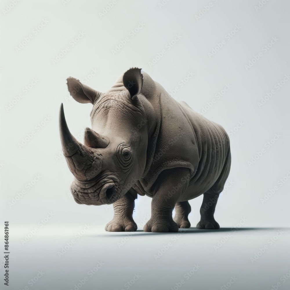 A realistic photo of a rhinoceros isolated on a white backdrop, focusing on its distinctive horns and rugged texture A realistic photo of a rhinoceros isolated on a white backdrop, focusing on its distinctive horns and rugged texture