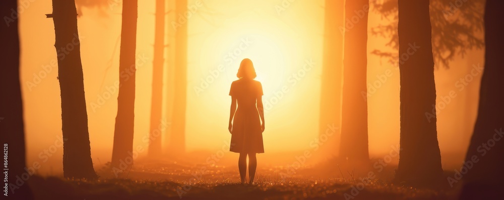Fototapeta premium Silhouette of a lady standing at the edge of a forest, with shafts of light breaking through the trees, creating a mystical ambiance