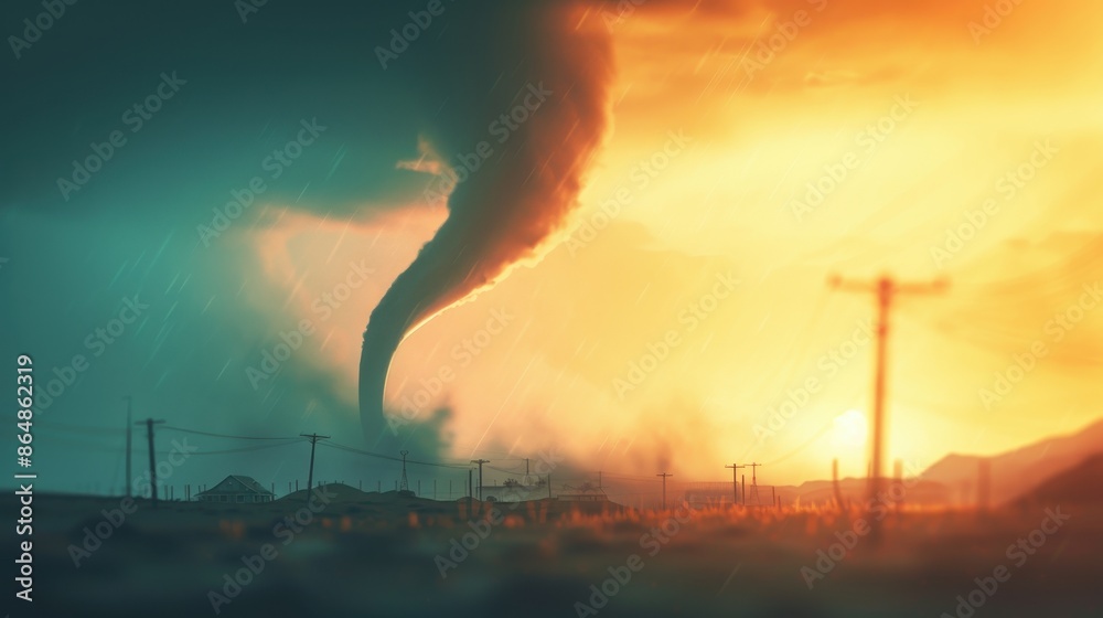 Silhouette of a powerful tornado twisting through a rural landscape at dusk, isolated for use in environmental or educational materials, with plenty of room for text overlay Silhouette of a powerful tornado twisting through a rural landscape at dusk, isolated for use in environmental or educational materials, with plenty of room for text overlay