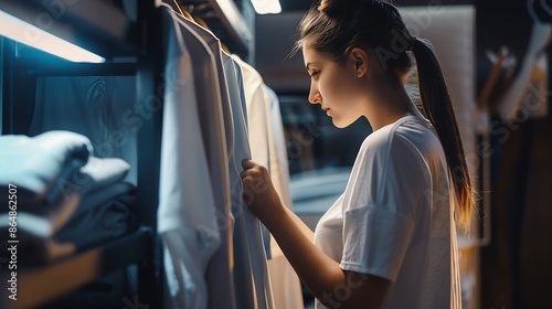 Woman inspecting onesie for quality : Generative AI