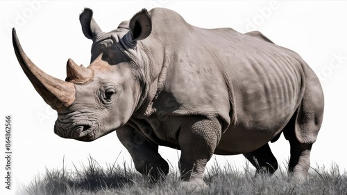 A realistic photo of a rhinoceros isolated on a white backdrop, focusing on its distinctive horns and rugged texture photo