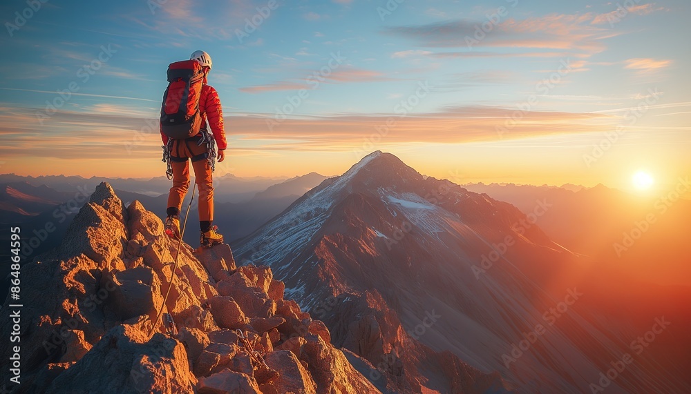 Fototapeta premium The image depicts a mountaineer admiring the view from the summit as the sun sets on the horizon