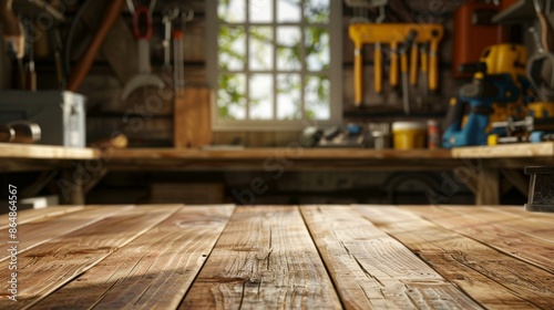 wide wooden table in the foreground, blurred background with carpentry tools on the wall. Light from the window