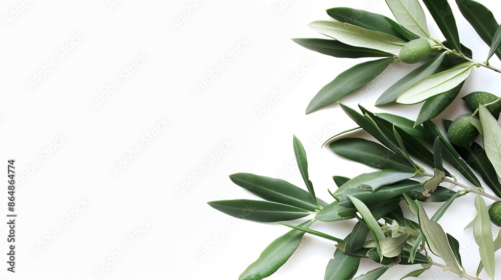 Fototapeta premium Fresh olive branch leaves isolated on white background closeup : Generative AI