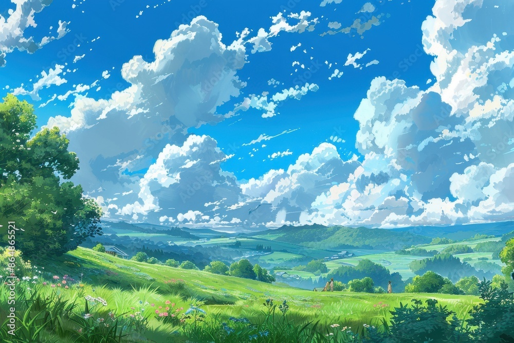 Beautiful sunny day with rolling green hills, blue sky and fluffy white clouds. Landscape illustration of green grass field in natural scenery, perfect for nature lovers and travel. Beautiful sunny day with rolling green hills, blue sky and fluffy white clouds. Landscape illustration of green grass field in natural scenery, perfect for nature lovers and travel.