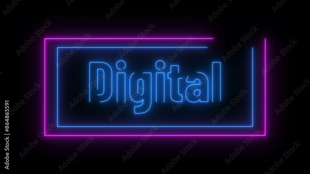 Abstract blue neon DIGITAL text icon illustration on neon rectangle background 4k. Abstract blue neon DIGITAL text icon illustration on neon rectangle background 4k.