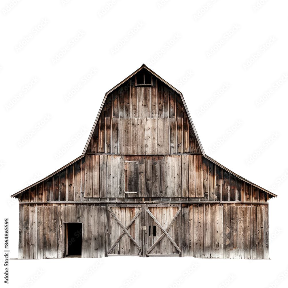 A weathered wooden barn with a double door entrance and a small window. The barn is isolated against a black background.. PNG, transparent, white background A weathered wooden barn with a double door entrance and a small window. The barn is isolated against a black background.. PNG, transparent, white background
