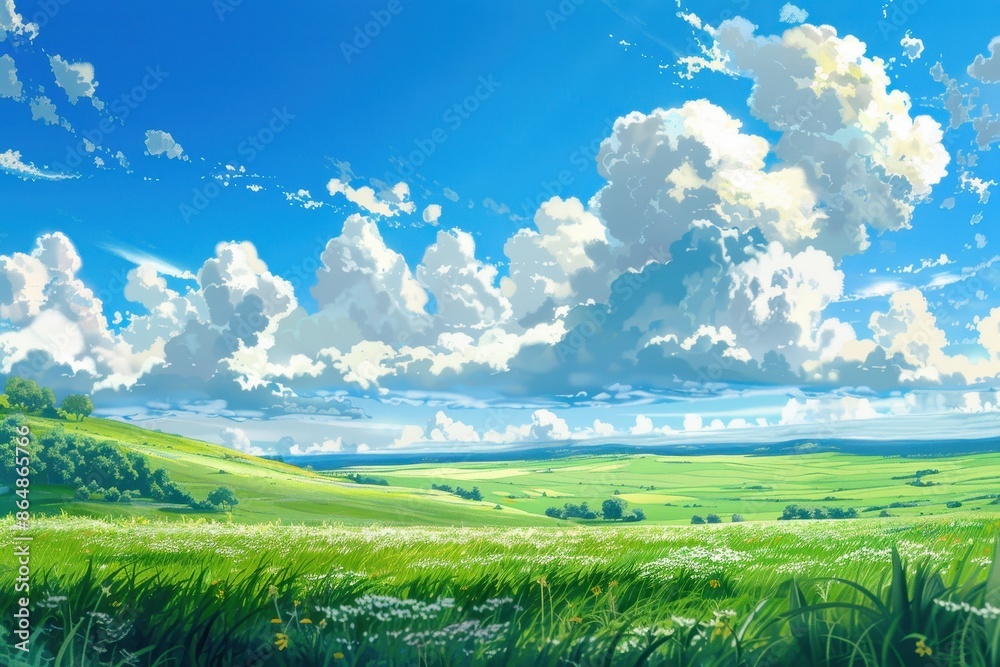 Stunning scenic view of a vast green field with a blue sky and white clouds. Perfect for a relaxing, serene and tranquil mood. Stunning scenic view of a vast green field with a blue sky and white clouds. Perfect for a relaxing, serene and tranquil mood.