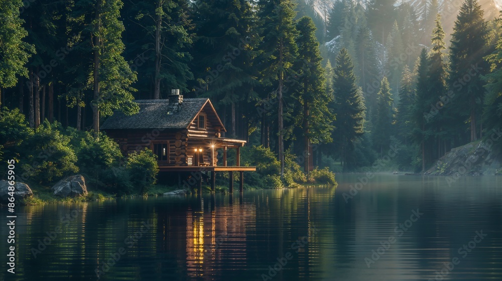 A serene cabin by a reflective lake, surrounded by tall pine trees in a dense forest under soft sunlight. A serene cabin by a reflective lake, surrounded by tall pine trees in a dense forest under soft sunlight.
