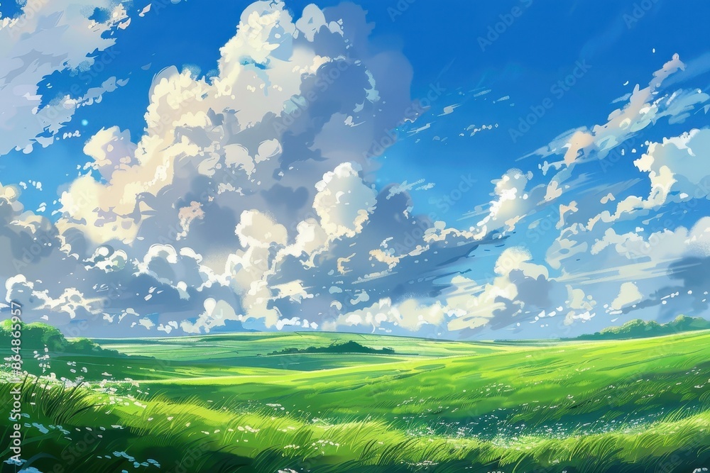 Fototapeta premium Vibrant green meadow with a blue sky and white fluffy clouds. Tranquil landscape with nature background. Anime style landscape art illustration.