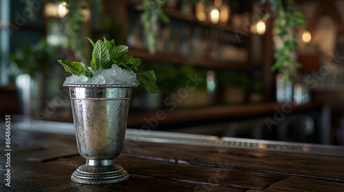 An artistic image of an herbal mint julep, presented in a traditional silver cup filled with crushed ice and fresh mint leaves photo