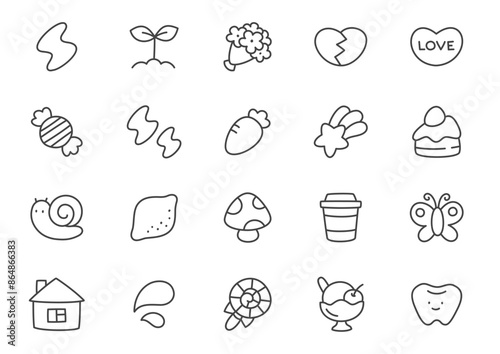 Kawaii icon set. Collection of cute hand drawn monochrome stickers (lightning, broken heart, candy, carrot, mushroom etc.) isolated on a white background. Vector 10 EPS.
