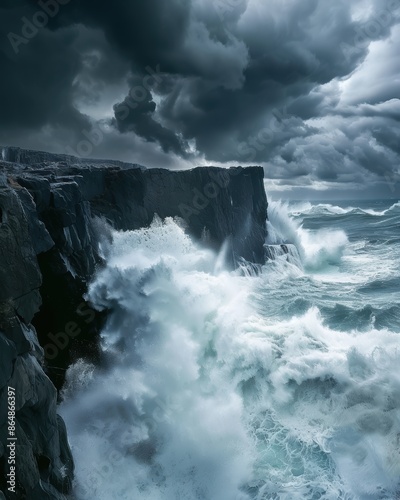 A dramatic scene featuring steep cliffs and turbulent waves crashing against them, under stormy skies with dark, ominous clouds.