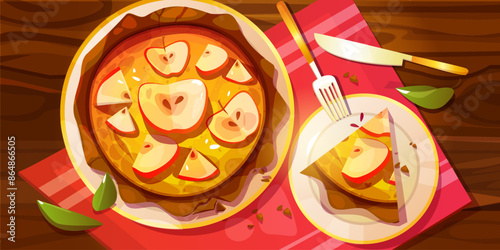 Sweet dessert setup with whole round homemade baked apple pie with crumble on tray, triangle piece on plate, fork and knife, red tablecloth on wooden brown table. Cartoon vector top view on tart.