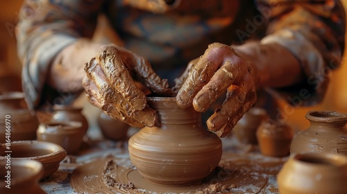 A person shaping a pottery piece, hands covered in clay photo