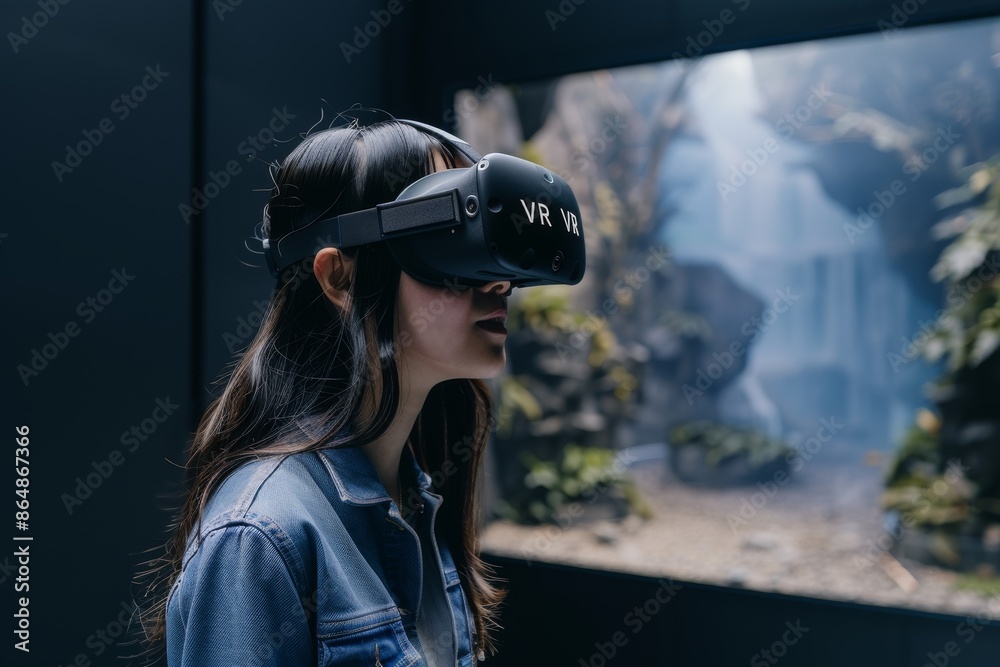 Woman using VR headset in a tech store, exploring immersive virtual reality and advanced digital technology, innovative retail experience.