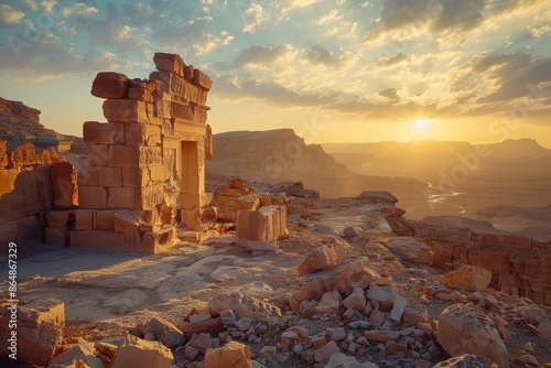 A striking sunset over an ancient, crumbling stone structure situated in an expansive, rocky desert landscape. photo