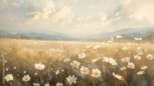 A serene oil painting of wildflowers in a rustic field