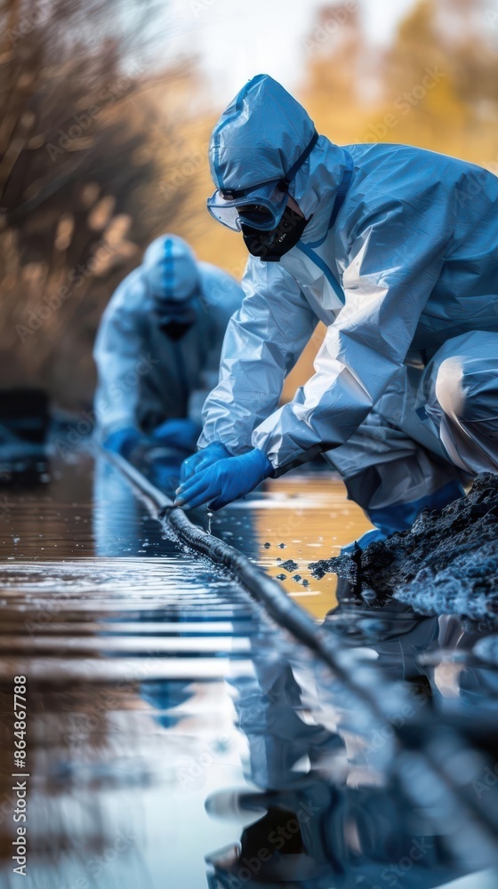 Two scientists in protective suits analyzing water samples in a calm, reflective stream during daytime Two scientists in protective suits analyzing water samples in a calm, reflective stream during daytime