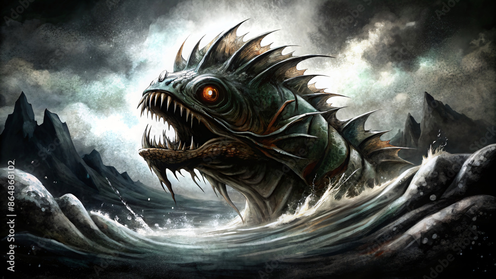 Black silhouette of a sea monster in ocean Black silhouette of a sea monster in ocean