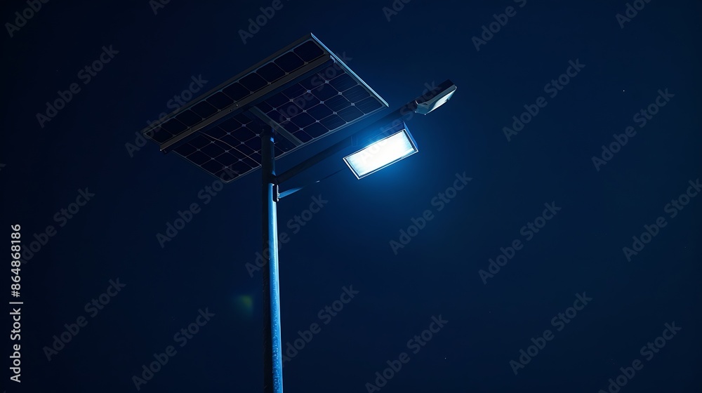 A photograph capturing the sleek and modern design of a solar streetlight integrated seamlessly into the urban environment providing energyefficient lighting throughout the night : Generative AI A photograph capturing the sleek and modern design of a solar streetlight integrated seamlessly into the urban environment providing energyefficient lighting throughout the night : Generative AI