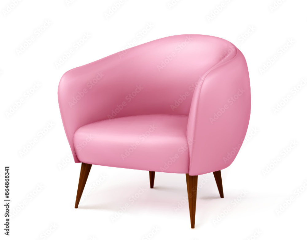 Pink armchair isolated on white background. Vector realistic illustration of modern furniture for interior design, soft textile or leather seat on wooden chair legs, restaurant, office or home element Pink armchair isolated on white background. Vector realistic illustration of modern furniture for interior design, soft textile or leather seat on wooden chair legs, restaurant, office or home element