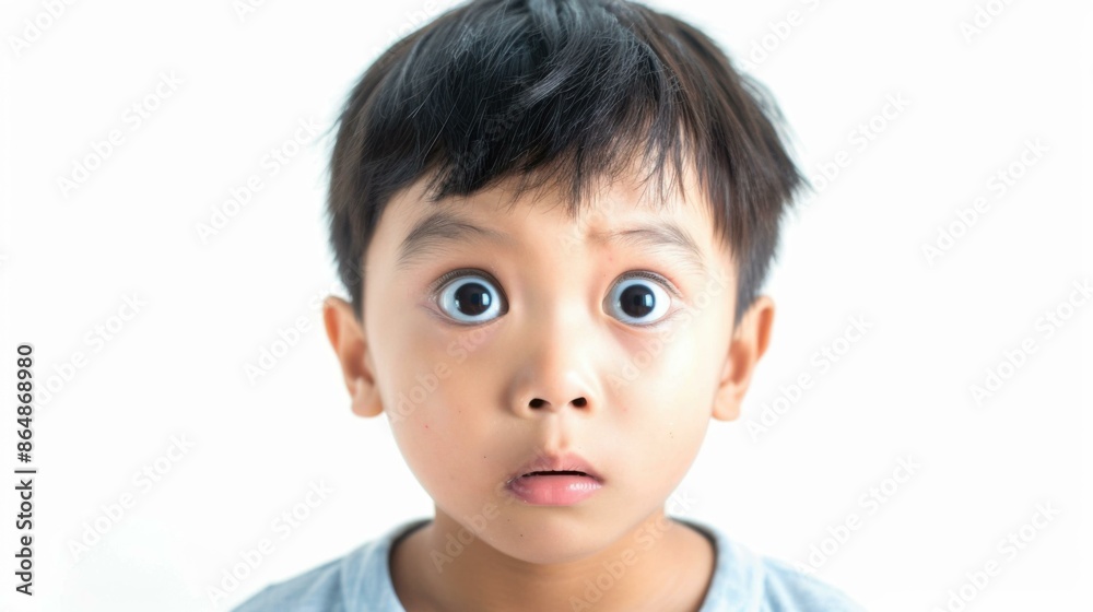 An Asia young boy with wide eyes, looking surprised against a white background. An Asia young boy with wide eyes, looking surprised against a white background.