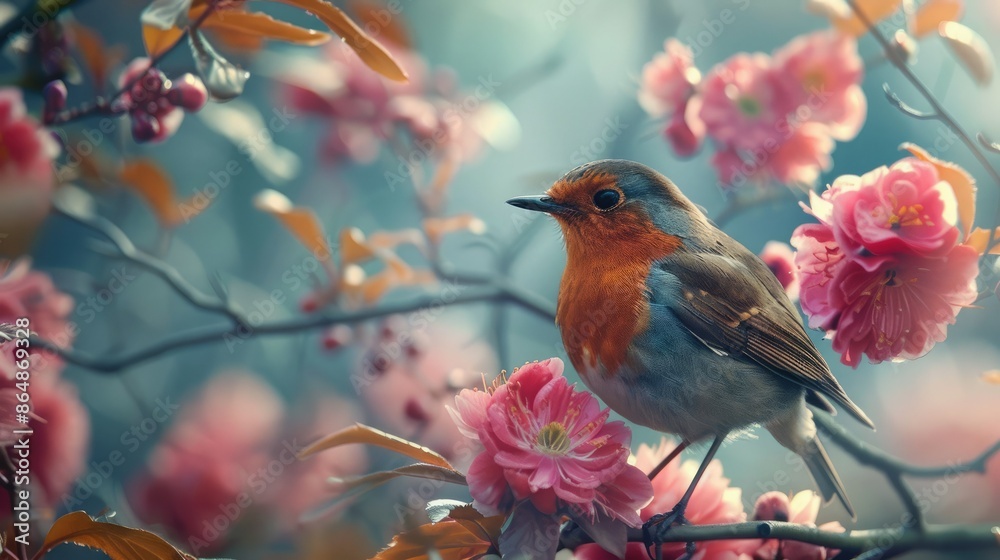 Beautiful robin perched on a branch surrounded by cherry blossoms. Ideal for nature, wildlife, and springtime themes in stock photography. Beautiful robin perched on a branch surrounded by cherry blossoms. Ideal for nature, wildlife, and springtime themes in stock photography.