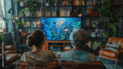 Family Watching Underwater Documentary on Television at Home © Anastasiia