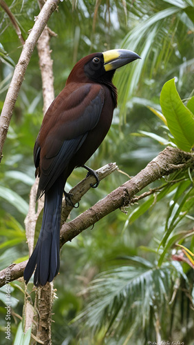 Montezuma Oropendola Montezuma oropendola sitting on tree forest background GENERATE AI,
 photo