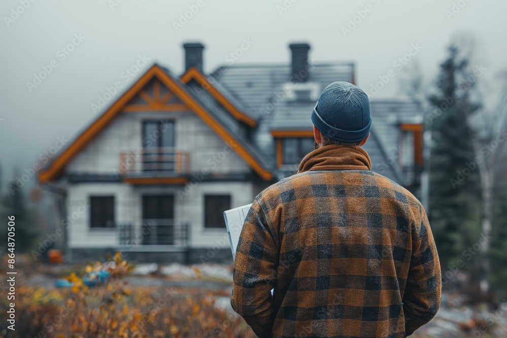 A stylish man in a plaid jacket stands admiring a finished house nestled in autumn foliage A stylish man in a plaid jacket stands admiring a finished house nestled in autumn foliage