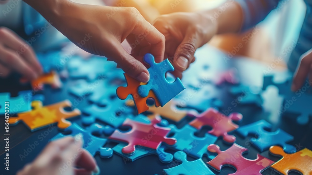 Close-up of Hands Connecting Puzzle Pieces in a Modern Office Environment with Blurred Business Team in Background. Double Exposure Photography with Bright Colors and Corporate Atmosphere Close-up of Hands Connecting Puzzle Pieces in a Modern Office Environment with Blurred Business Team in Background. Double Exposure Photography with Bright Colors and Corporate Atmosphere